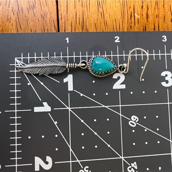 Turquoise & Sterling Feather Dangle Earrings | 925 Sterling Silver - Picture 7 of 9